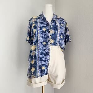 Vintage 90s Blue Yellow Floral Tile Print Rayon Short Sleeve Button Up Shirt M L